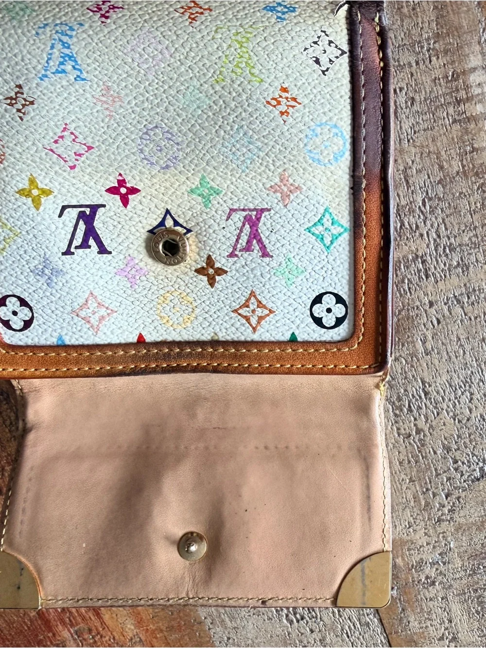 Louis Vuitton Multicolor Monogram White Canvas Wallet with Brown Trim
